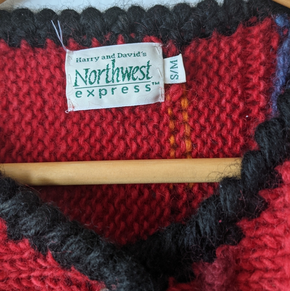 VINTAGE boho red chunky knit cardigan sweater - Picture 3 of 10